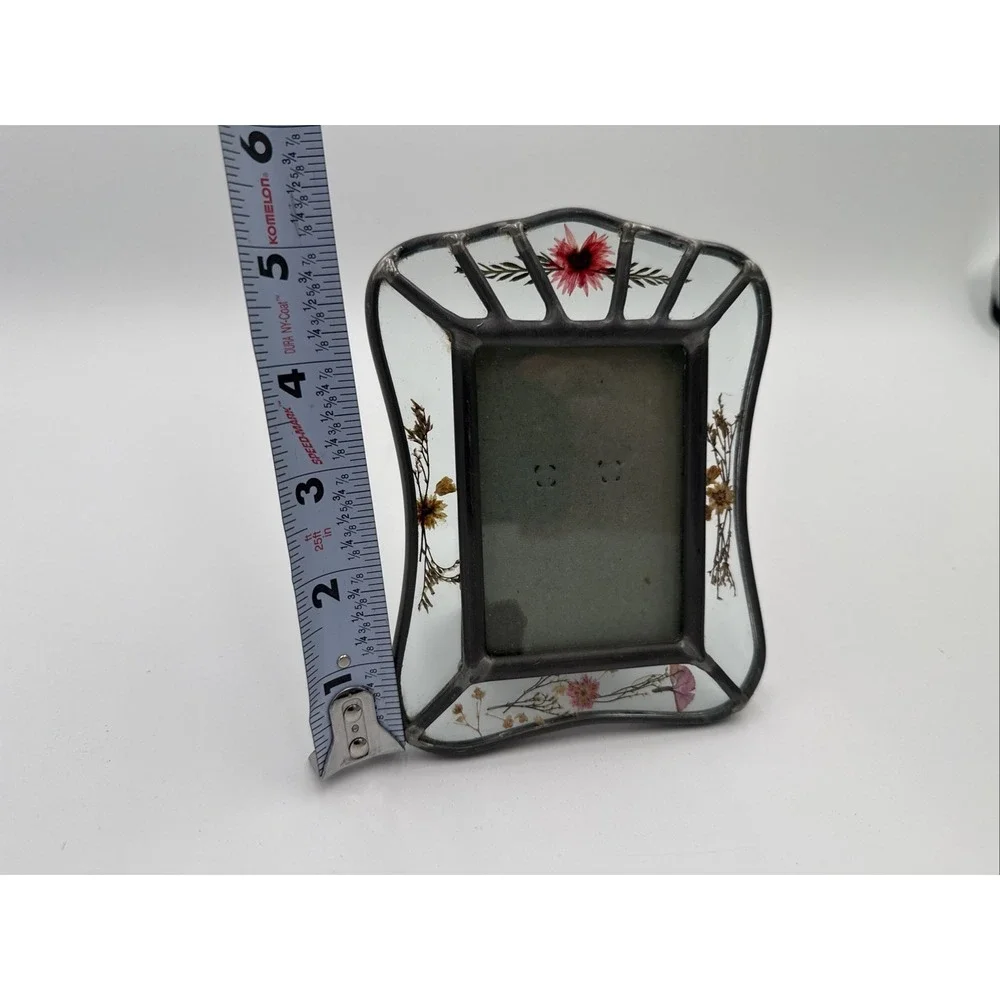 Vintage 1980s Pressed Flower Glass Frame‎ Pewter Tone Picture Frame Cottagecore